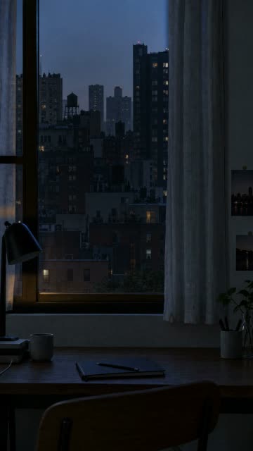 The lamp off and the sky turning blue before dawn