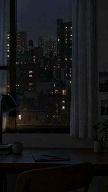The room dark, only the city outside lit