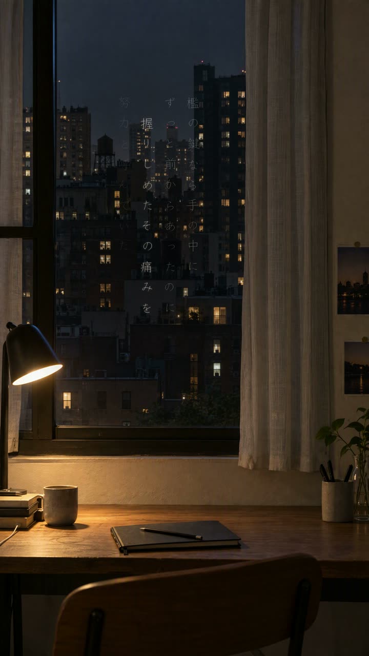 Lyrics written in light on the window of a dark room at 3 a.m.