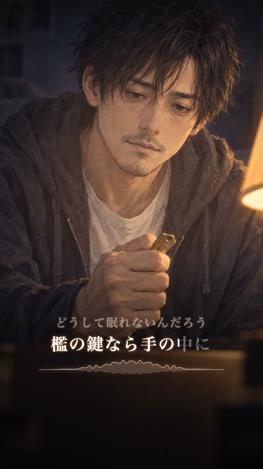 An anime-style man holding a key, lyrics below